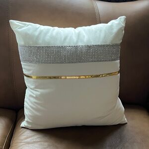 White Decorative Throw Pillow with Rhinestone Band and Gold Trim